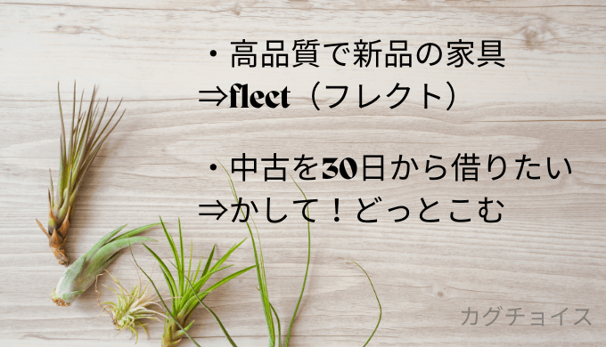 家電レンタルサービスのflect(フレクト)はすべてが新品でレンタルできる。中古でも良い。短期(30日)からレンタルをしたい場合はかして!どっとこむが便利